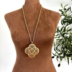 Vintage Crown Trifari Goldtone Pendant Rope Necklace Vintage Mid Century Costume